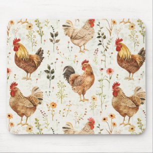 Farm Roosters Chickens Flowers Mouse Mat