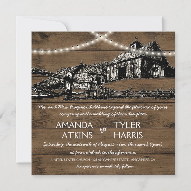 Farm Rustic String Lights Barn Wedding Invitations (Front)