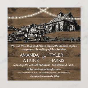 Farm Rustic String Lights Barn Wedding Invitations