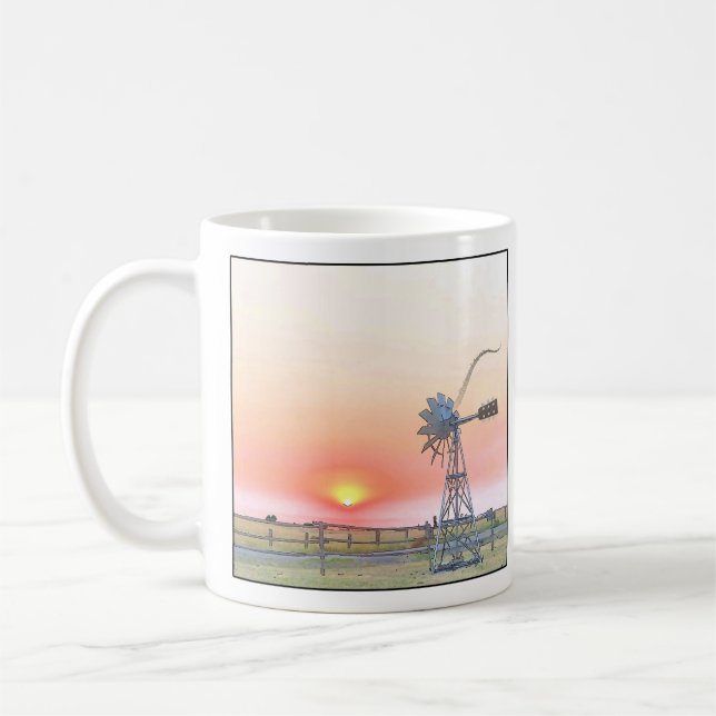 Farm Scene at Sunset with Rustic Windmill Coffee Mug (Left)