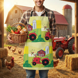 Farm Scene with Singing Rooster on Tractor  Apron