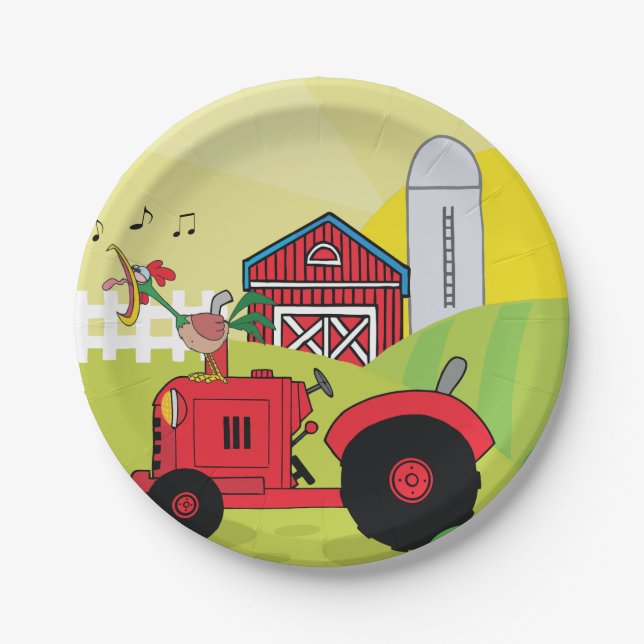 Farm Scene with Singing Rooster on Tractor  Paper Plate (Front)