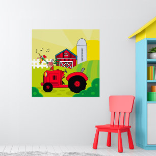 Farm Scene with Singing Rooster on Tractor Poster