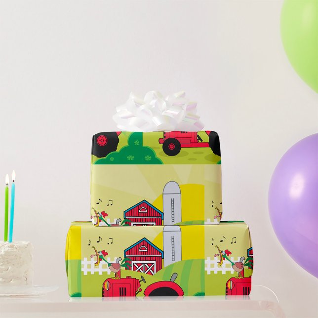 Farm Scene with Singing Rooster on Tractor  Wrapping Paper (Creator Uploaded)
