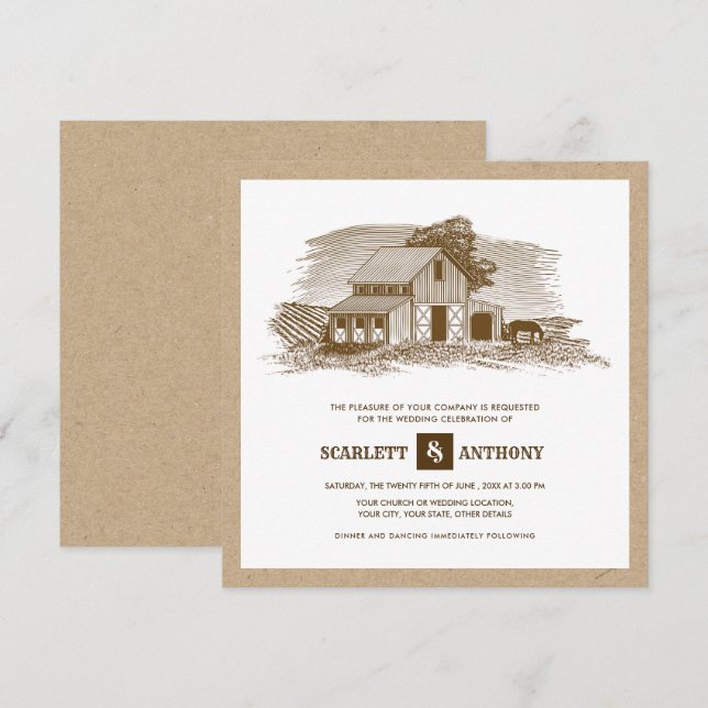 Farm Scetch Kraft Paper Rustic Wedding Invitations (Front/Back)