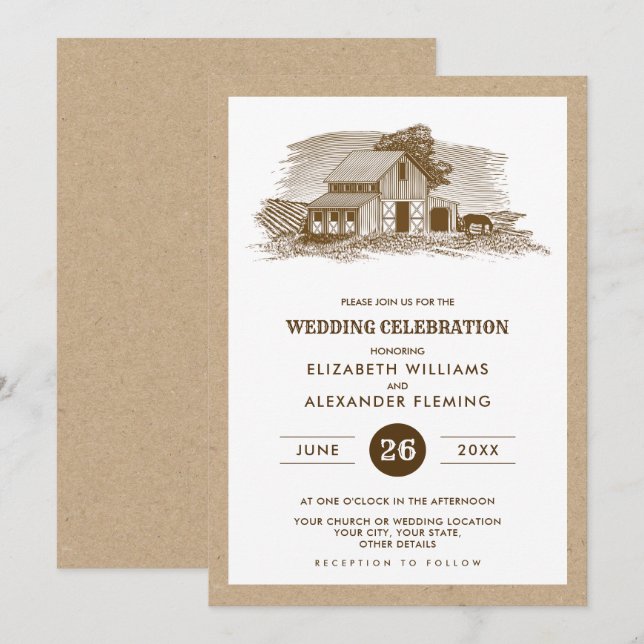 Farm Scetch Kraft Paper Rustic Wedding Invitations (Front/Back)