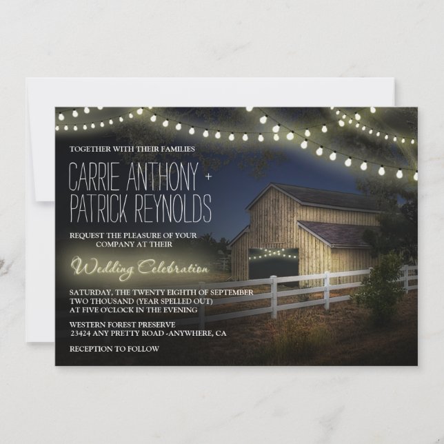 Farm String Lights Rustic Barn Wedding Invitations (Front)
