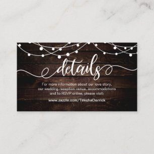 Farm String lights, White, Wood, Wedding Details Enclosure Card