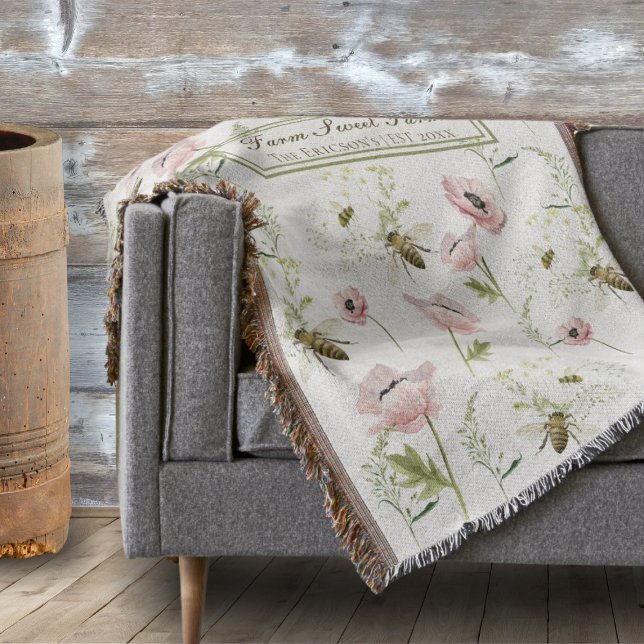 Farm Sweet Farm Family Name poppy, bee wildflowers Throw Blanket (Customizable "Farm Sweet Farm" throw blanket with family name and year | Rustic farmhouse decor)