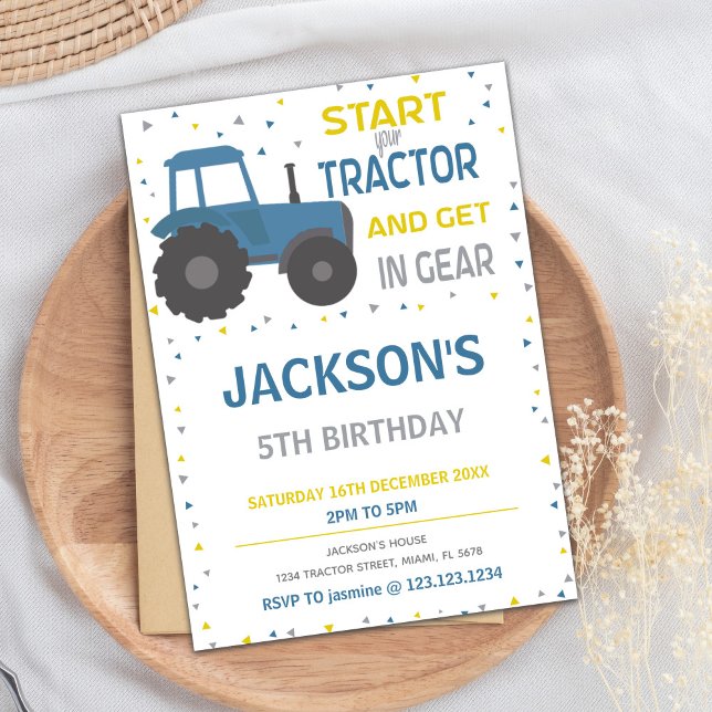 Farm Theme Party Card for Boys or Girls (Blue Tractor Birthday Invitations)