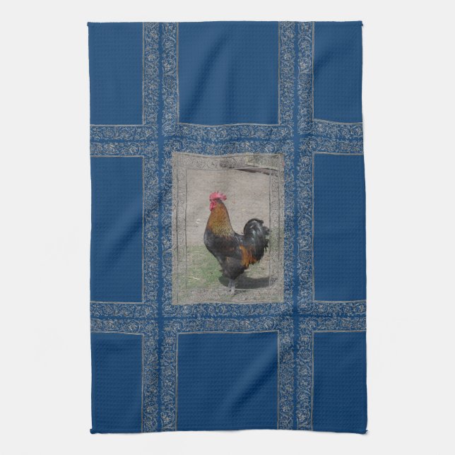 Farm Theme Rooster Dish Towel, Blue Background Tea Towel (Vertical)