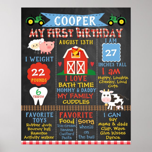 Farm Themed 1st Birthday Milestone Poster (Front)