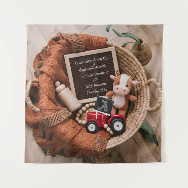 farm themed  woven basket pregnancy announcement  tapestry (Front)