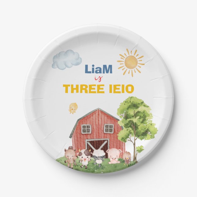 Farm Three I-E-I-O 3rd Birthday  Paper Plate (Front)