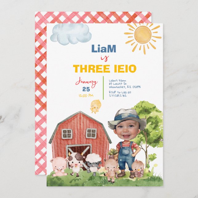 Farm Three I-E-I-O 3rd Birthday Photo Invitation (Front/Back)