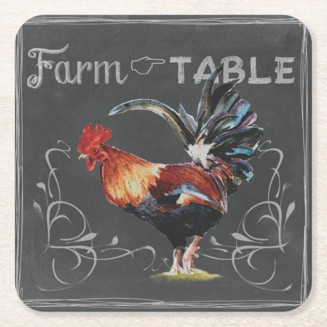Farm to Table Rooster Square Paper Coaster (Front)