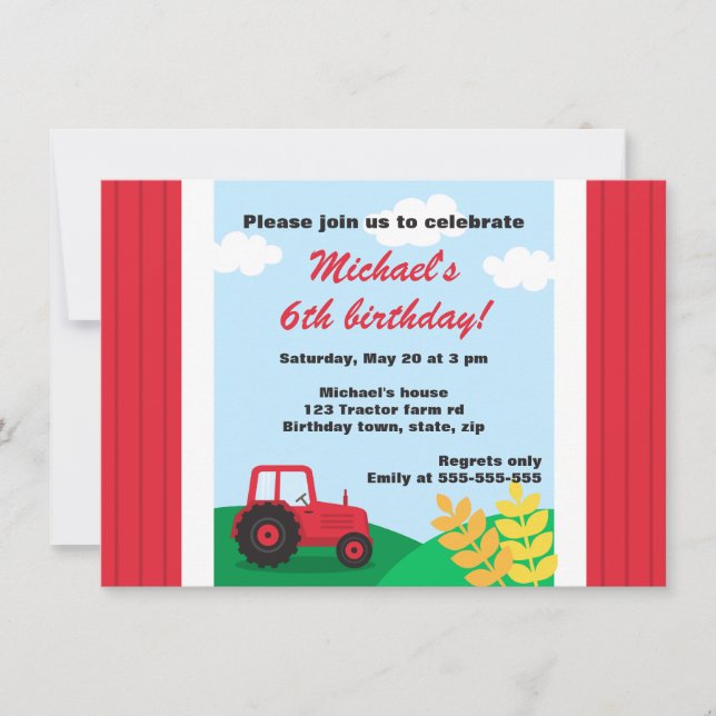 Farm tractor hills and wheat kids birthday party invitation (Front)