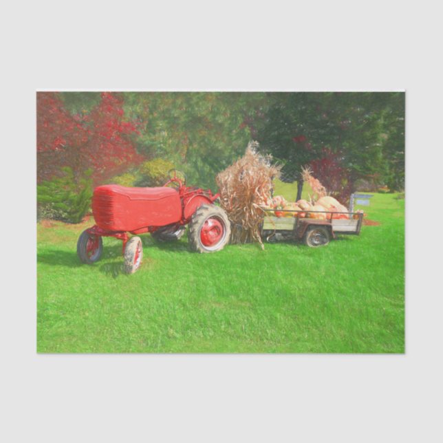 Farm Tractor Red Green Country Autumn Pumpkins Tissue Paper (Front)