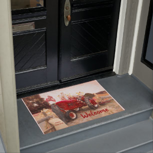 Farm Tractor Red Vintage Rustic Autumn Harvest Doormat