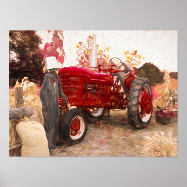 Farm Tractor Red Vintage Rustic Autumn Harvest Poster (Front)