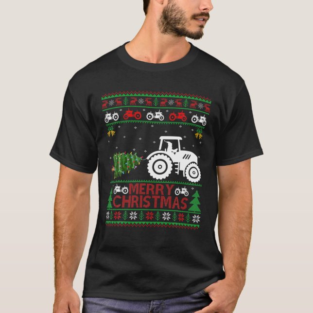 Farm Tractor Xmas Tree Lights Santa Farmer Ugly Ch T-Shirt (Front)