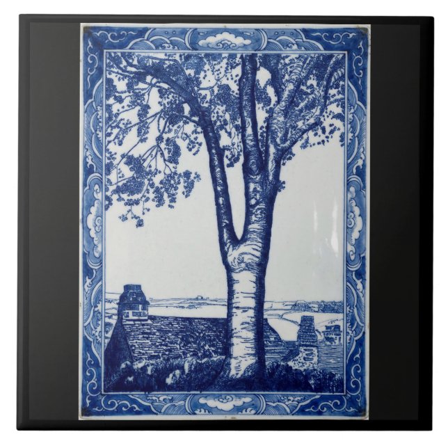 Farm Tree Cornwall Cobalt Blue Ceramic Art Tile (Front)