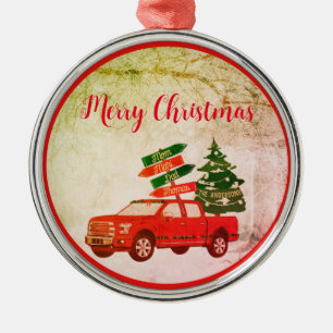 Farm Tree Red Truck Family Name Vintage Christmas Metal Tree Decoration