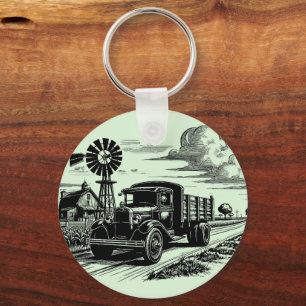 Farm Truck windmill Barn Farmer Art ink drawing Key Ring