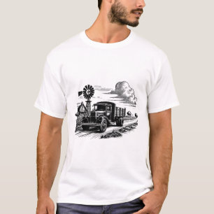 Farm Truck windmill Barn Farmer Art ink drawing T-Shirt