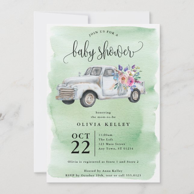Farm Truck with Flowers, Watercolor Baby Shower Invitation (Front)