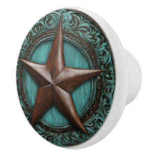 Farm Turquoise Cowboy Country Western Texas Star  Ceramic Knob