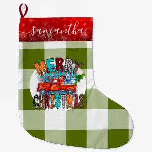 Farm Van Green White Merry Christmas Stocking