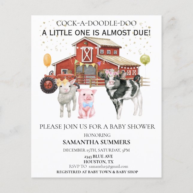 Farm Watercolor Cow Pig Barn Baby Shower  (Front)