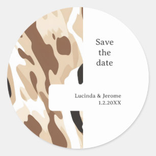 Farm Wedding Cowhide print Save the date Classic Round Sticker