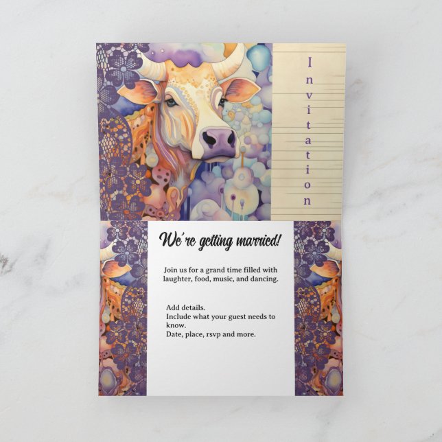 Farm wedding event Colourful Cow purple Invitation (Inside)