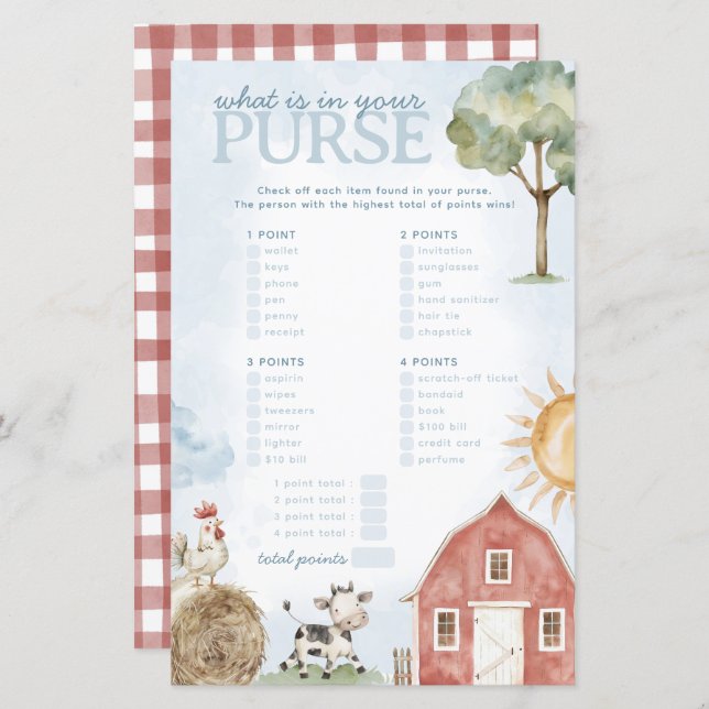 Farm What's in Your Purse Baby Shower Game (Front/Back)