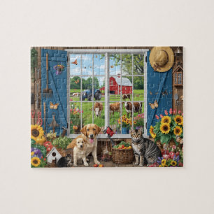 Farm Window View Dog Cat Sunflowers Barn Jigsaw Puzzle