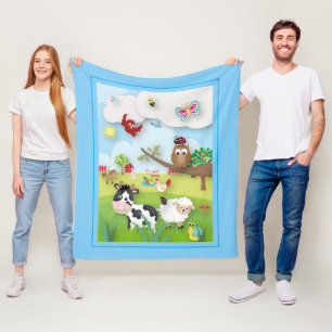 Farm with Cute Animals Scene On Blue Fleece Blanket