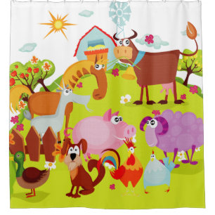 Farm With Horse, Pig, Sheep, Rooster, Goat, Bull Shower Curtain