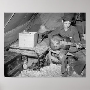 Farm Worker Playing Guitar, 1939. Vintage Photo Poster