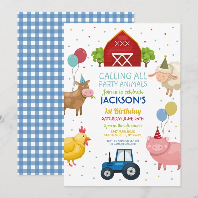 Farm Yard Animals 1st Kids Birthday Blue Tractor Invitation (Front/Back)