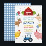 Farm Yard Animals 1st Kids Birthday Blue Tractor Invitation<br><div class="desc">Farm Yard Animals 1st Kids Birthday Invitation. Back print included. Edit all the text</div>
