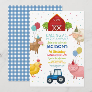 Farm Yard Animals 1st Kids Birthday Blue Tractor Invitation