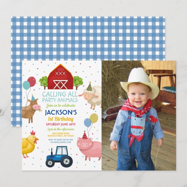 Farm Yard Animals 1st Kids Birthday Blue Tractor  Invitation (Front/Back)