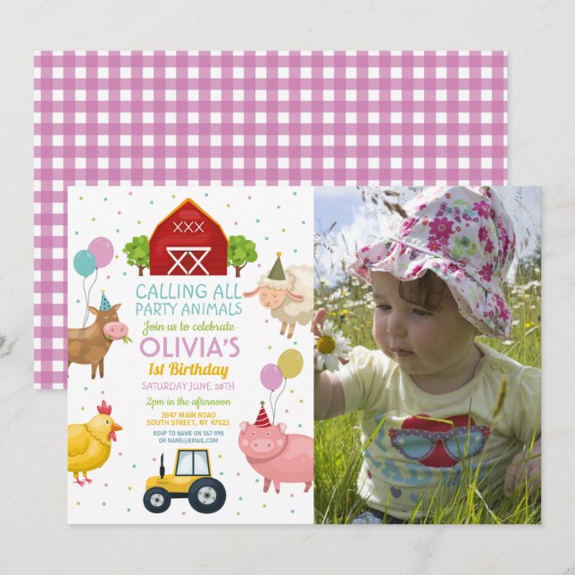 Farm Yard Animals 1st Kids Birthday Pink Girls Invitation (Front/Back)