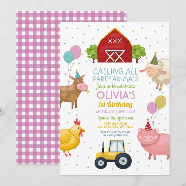Farm Yard Animals 1st Kids Birthday Pink Girls Invitation (Front/Back)