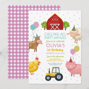 Farm Yard Animals 1st Kids Birthday Pink Girls Invitation