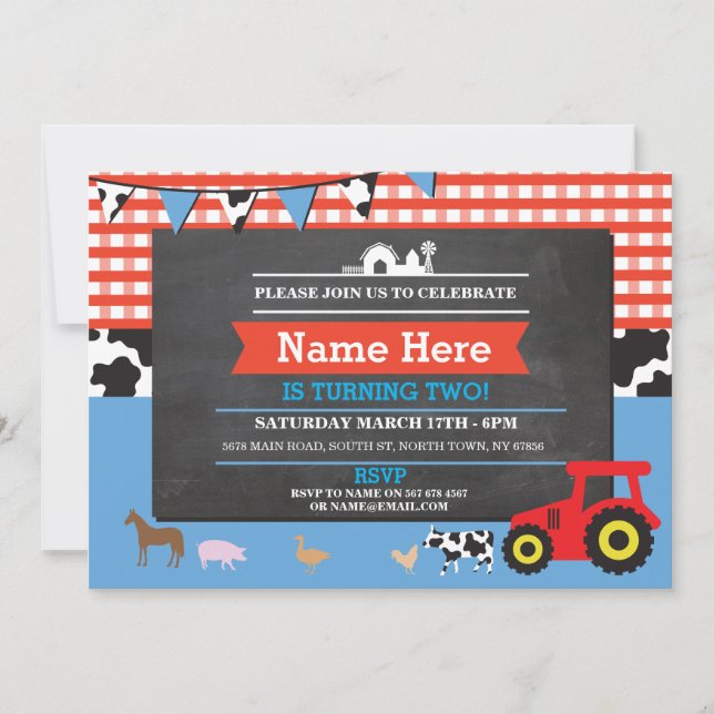 Farm Yard Birthday Party Animal Pig Tractor Invite (Front)
