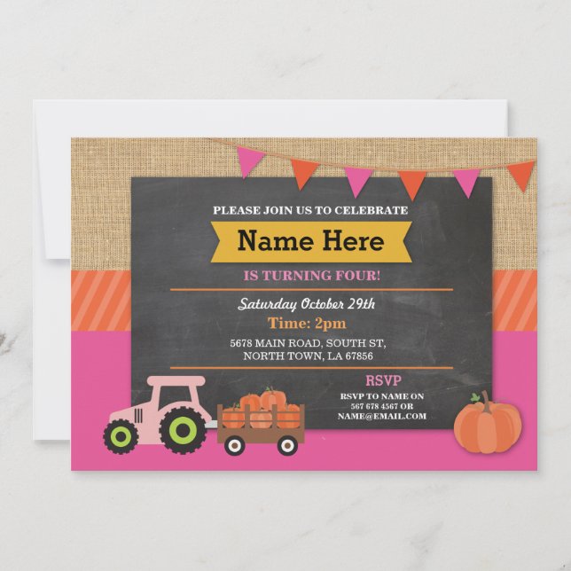 Farm Yard Birthday Party Pumpkin Tractor Invite (Front)