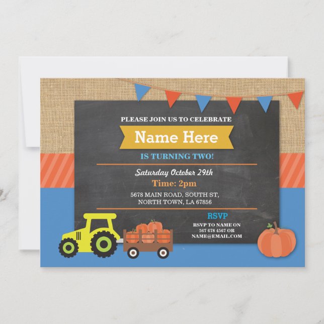 Farm Yard Birthday Party Pumpkin Tractor Invite (Front)